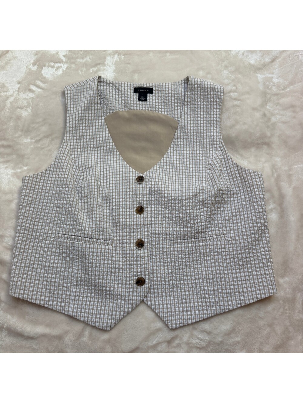 Halogen Plaid Tailored Vest Buttoned Seersucker Gingham Beige Size L